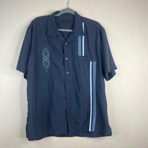 Via Europa‎ Retro Bowling Shirt Mens XLarge Blue Button Up Casual Charlie Sheen